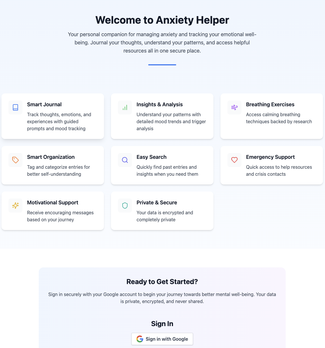 Anxiety Helper Welcome Screen