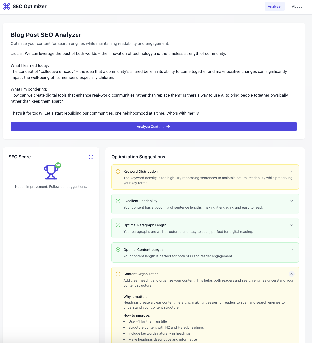 Blog Post SEO Analyzer Interface
